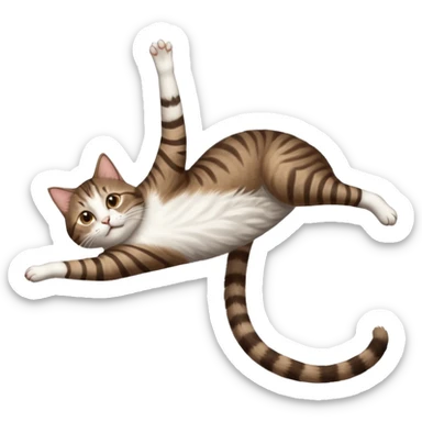 dark brown tabby and white cat with doing a big extremely long stretch reaching up into the air with arms and legs side by side together straight and overextended whilst lying on its side sticker
