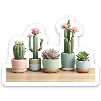 Ceramic pots in pastel colors, tall and short, cylindrical, square, and bowl-shaped, containing cereus cactus plants, hanging cacti, flowering cacti, echeveria succulents, sedum succulents, and graptopetalum succulents placed in a row on the floor sticker