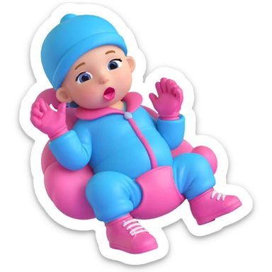 3D cartoon pacifier character, adult version, leaning back with one leg crossed over the other, relaxed mischievous expression, gloved hands, shoes, baby blue and pink color scheme, transparent background. sticker