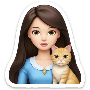 White Barbie girl dark brown long hair with British gold cat sticker