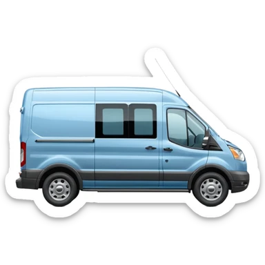 light blue Ford Transit passenger van, side profile facing right, small sticker