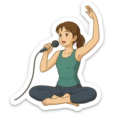 ghibli style illustration of a woman doing yoga with a microphone sticker
