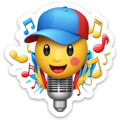 Create a dynamic and energetic emoji that represents beatboxing. The design should feature a microphone with a singing mouth and soundwaves or rhythmic beats emanating from it, symbolizing the vocal percussion and rhythm of beatboxing. Add a cap placed on top of the microphone to reflect street culture and the individuality of the performer. Include musical notes floating around to emphasize the musicality. Use bold, vibrant colors like neon blue, red, and yellow to convey energy and excitement. The background should be transparent. sticker