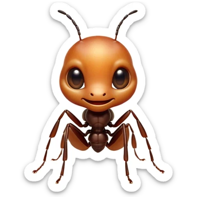 Cinematic Cute Ant Portrait Emoji, Head tilted playfully and inquisitively, featuring a minuscule, charming body with a delicately textured exoskeleton and round, sparkling eyes brimming with curious mischief, Simplified yet irresistibly adorable features, highly detailed, glowing with a warm, inviting earthy glow, high shine, affectionate and lively, stylized with a touch of whimsical industrious charm, soft glowing outline, capturing the essence of a mischievous ant that seems as if it could scurry out of the screen into your arms! sticker