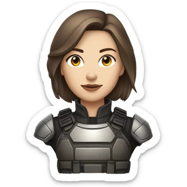 A fierce, young woman with a petite and slender build, pale, and shoulder-length, brown hair with a silver strand. She’s wearing dark, tactical battle gear. sticker