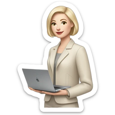 pale skin woman with ash blonde Straightened bob Hair, White Spacious classical jacket, beige palazzo Arrow pants and gray blouse holding a MacBook in the hands sticker