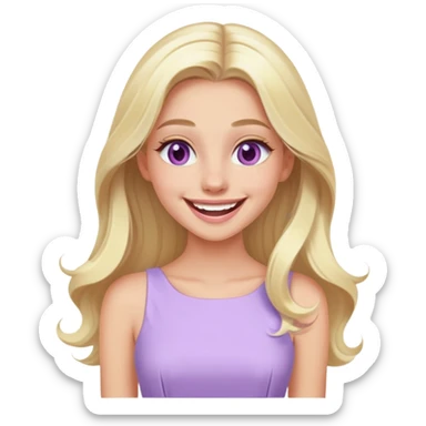 laughing Luxury blonde model, hazel eyes, sleek long hair, pastel purple dress sticker