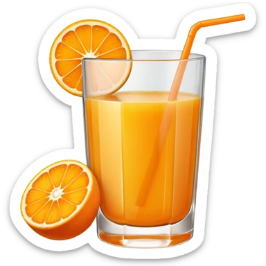 A glas of orange juice. Without a straw. With a slice of orange next to it on the bottom sticker