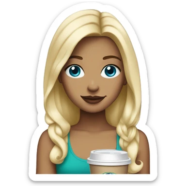 blonde girl blue eyes with Starbucks cup drink sticker