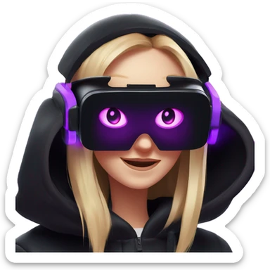 Russian girl wearing black hoody with violet letters "OMG", in vr headset oculus quest2. Dancing. Cyberpunk style. Violet neon. sticker