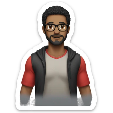 man with mixed skin color, black hair, very light beard, black bone glasses and sporty clothes with a heart in his hands sticker