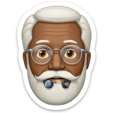 An elderly man emoji with medium-dark skin tone, long face, white hair on the sides, glasses, light eyebrows, and a light white beard. sticker