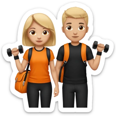 light skin students girl and boy with school bag full of books on back and dumbell in hand. Clothes are in black and orange colours  sticker
