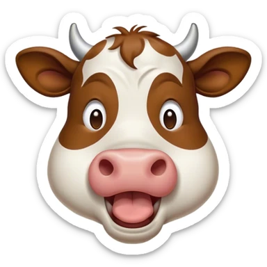 Cinematic Cute Yawning Brown and White Cow Portrait Emoji, Head tilted slightly with a dramatic, wide-open yawn, showcasing a smooth, patterned hide of brown and white, floppy ears slightly drooping, round brown eyes barely open in drowsy contentment, Simplified yet irresistibly adorable features, highly detailed, glowing with a soft, cozy glow, high shine, relaxed yet expressive, stylized with a touch of pastoral whimsy, bright and endearing, soft glowing outline, capturing the essence of a sleepy yet affectionate cow, so drowsy it feels like it could amble out of the screen and curl up for a nap! sticker