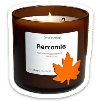 Realistic brown glass 3 wick candle with wicks lit and an orange glitter maple leaf as the label on outside of candle sticker