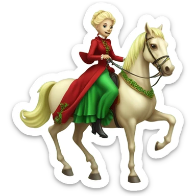 "green blonde alien woman" in red Victorian elegant dress, full body, rides "horse gold and white"
 sticker