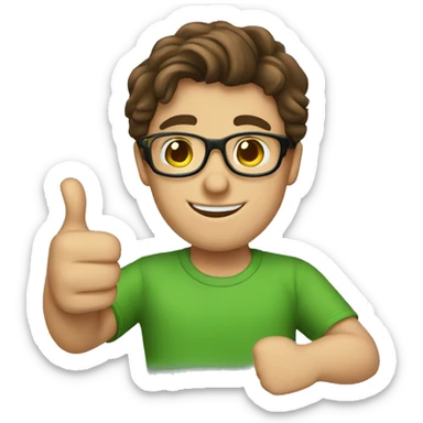 male nerd brown hair thumbs up using green t-shirt sticker