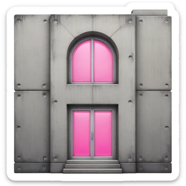 Russian panel building with bare concrete exterior, one pink glowing window, simple block shape with utilitarian design and slight ghetto feel sticker
