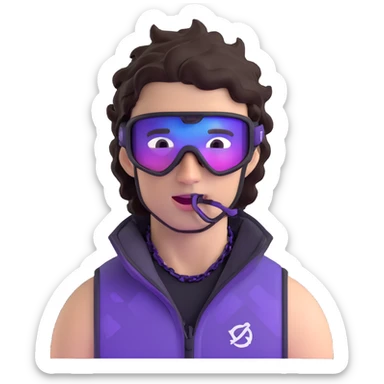 close-up of cool guy male athlete with white skin and moderately curly dark brown hair on top with shaved sides, with one purple ski goggle lens pushed up above his eyes on his forehead, sticking his tongue out of his mouth, a simple plain black chain necklace, and a completely unzipped sleeveless vest with purple and black sequin fire pattern design with no logo sticker