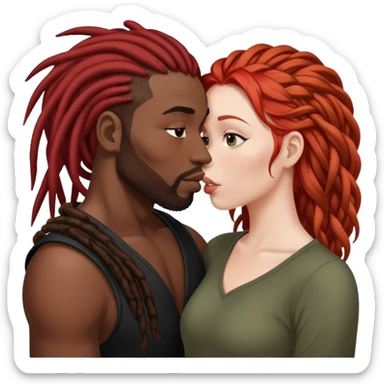 Mulher de cabelos ruivos e pele branca. O homem tem dreads nos cabelos e é negro. Ambos se beijando.  sticker