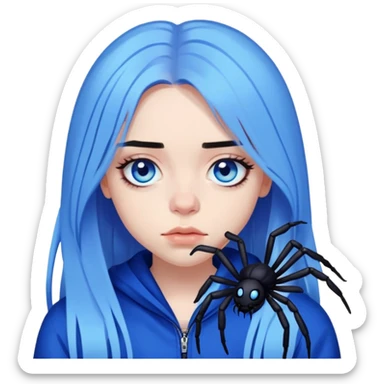 billie eilish, blue eyes, long black hair, dark eyeliner makeup, holding blue spider sticker
