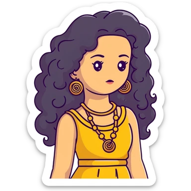 pretty Greek girl with big puffy long curly hair, gold statement earrings and necklace, cute modern dress sticker