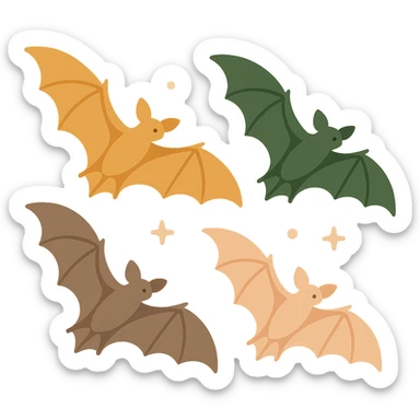 A group of flying bats in mid-air, illustrated in a stylized, artistic way using a warm, earthy color palette: golden orange (FA9B41), deep forest green (4A7C5C), muted taupe brown (96775A), and soft pastel peach (FFCC9A). The bats have sleek wings with subtle color gradients, and their bodies are small and streamlined, featuring elegant silhouettes. The sky around them has a magical, twilight glow with faint sparkles or mist, enhancing the enchanted atmosphere. The overall style is whimsical and soft, with a balance between natural and fantastical elements. sticker
