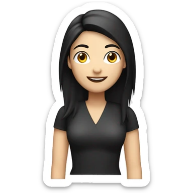 woman editor with smile, white skin, black straight hair, right hand up sticker