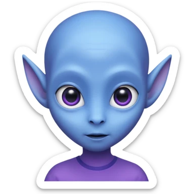 Portrait of an cute alien with smooth purple-blue skin, large black oval eyes, small nose, and visible ears, elongated head, front-facing, wearing blue t-shirt, soft glow, simple futuristic design sticker