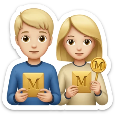 Create two letters, N and Y, in the shape of sisters. Create an image of a boy holding the letter N and a girl holding the letter M  sticker