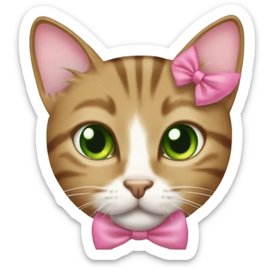 Tabby brownish cat green eyes with pink bow sticker