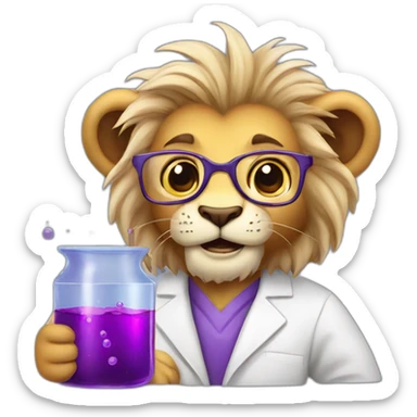 Cute middle aged lion scientist holding a flask of purple liquids sticker