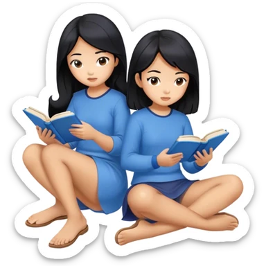 two asian girls black hair sitting reading blue books sticker