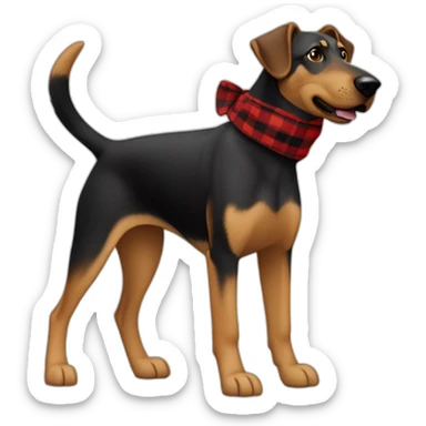 adult 75% Coonhound 25% German Shepherd mix dog with visible tail wearing small pointed red buffalo plaid bandana full body walking left quickly sticker