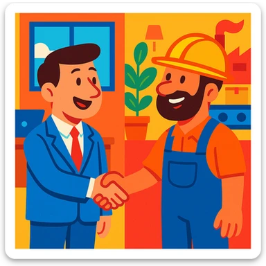 cartoon style office worker shaking hands with factory worker, bright colors, positive atmosphere, both smiling sticker