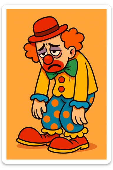 exhausted clown with expressive face and slumped posture showing visible fatigue, wearing a vibrant costume, cartoon style sticker