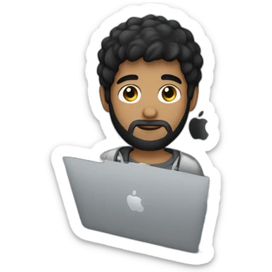 headshot of a black hair boy with black beard using a silver macbook sticker