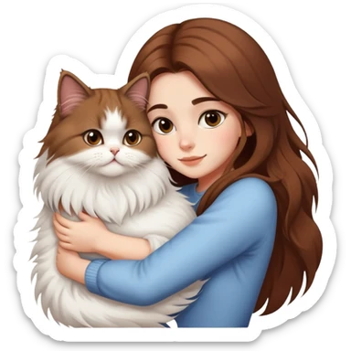 A pretty girl with long brown hair is hugging her Persian cat. sticker