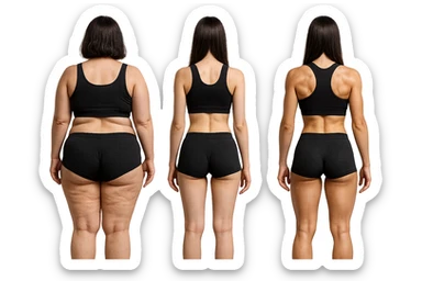 fai una donna di spalle in gym shorts leggermente sovrappeso e con cellulite e accanto una seconda donna di spalle magra (che è dimagrita post dieta) e accanto una terza donna in forma allenata e con le giuste proporzioni, l'immagine deve rappresentare il processo: da donna grassa, a donna piatta e magra, a donna allenata e in forma con i giusti muscoli, iperrealistico 4k sticker