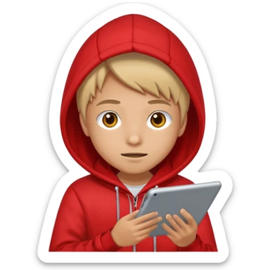 Teen gaming on tablet, red hoodie sticker