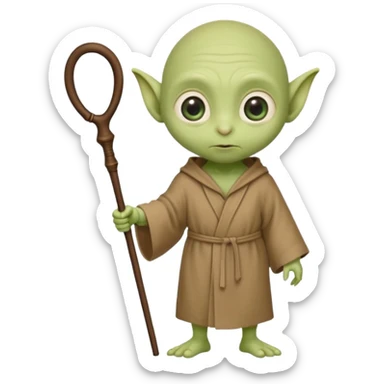 cute little green alien with bald wrinkly head, big oval eyes, big ears, short and stout body, wearing a brown robe and holding a short walking stick or cane sticker