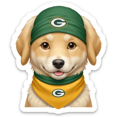 English cream golden retriever wearing a packers bandana around neck  sticker