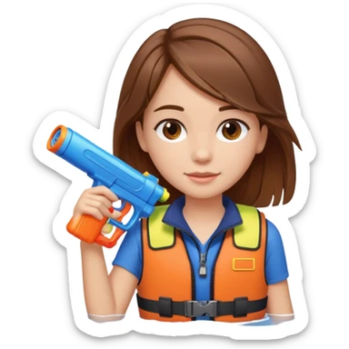 brown haired girl holding a water gun on the toilet while on a boat sticker