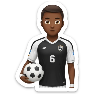 A soccer player wearing a black jersey that has white sleeves and sponsor in white in the middle of the jersey sticker
