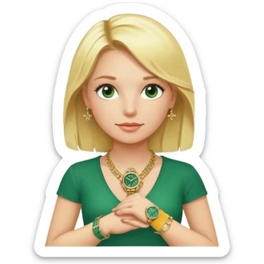 Breitling green faced watch on blonde girl wrist with gold necklace and gold bracelets sticker