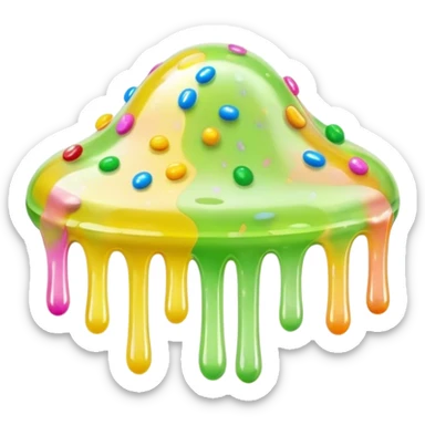 Cinematic Realistic Clear Slime Mixed with Sprinkles, ultra-transparent with suspended colorful candy-like specks, light refracting through each tiny piece, soft gelatinous texture catching highlights, stretching and bending in a mesmerizing way, glowing with a magical, almost surreal quality. sticker