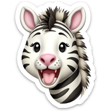 Cinematic Cute Yawning Zebra Portrait Emoji, Head tilted slightly with a dramatic, wide-open yawn, showcasing a soft, downy striped Fur with gently drooping ears and round eyes barely open in drowsy contentment, Simplified yet irresistibly adorable features, highly detailed, glowing with a soft, cozy glow, high shine, relaxed yet expressive, stylized with a touch of savannah charm, bright and endearing, soft glowing outline, capturing the essence of a sleepy yet affectionate zebra, so drowsy it feels like it could stretch out of the screen and curl up for a nap! sticker