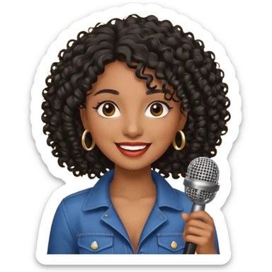 brown skin woman, curly black hair, singer, hold micro sticker