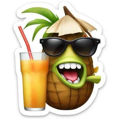 fish drinking a coconut drink with sunglasses on sticker