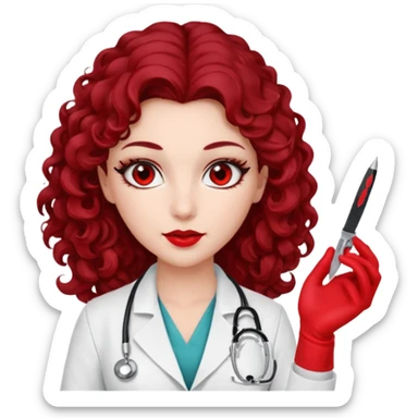 Lilith scalpel in hand, evil surgeon outfit.  She has red eyes. She has dark brown long curly hair. Wears sexy doctor outfit with red gloves sticker